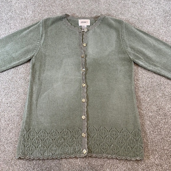 Jenny Vintage Sage Green Beaded Pointelle Cardigan Sweater Scalloped Trim Small - Picture 3 of 10
